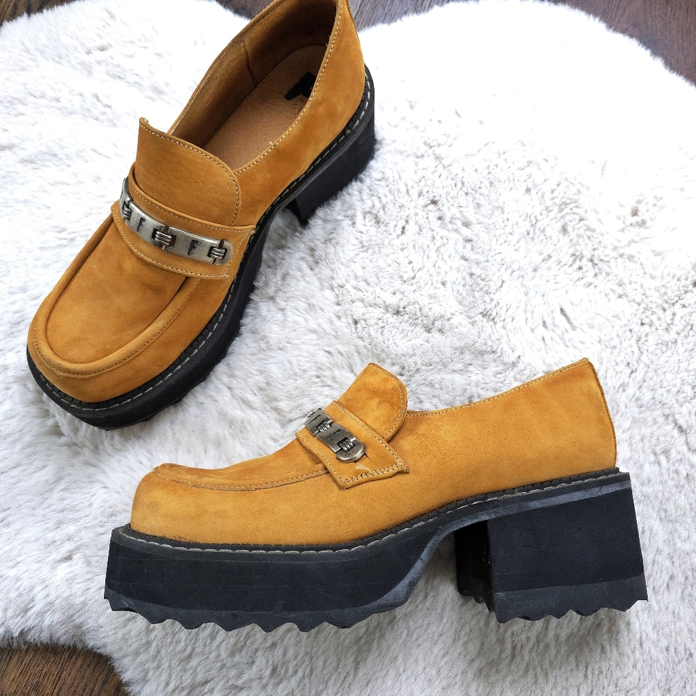 RARE John Fluvog Vintage Y2K Chain Chunky Platform Leather Suede Loafers - Picture 7 of 8